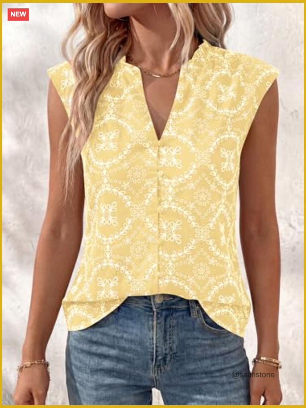 Boho Eyelet Embroidered Sleeveless Button Down Shirt Beach Vacation Top - Picture 3 of 7